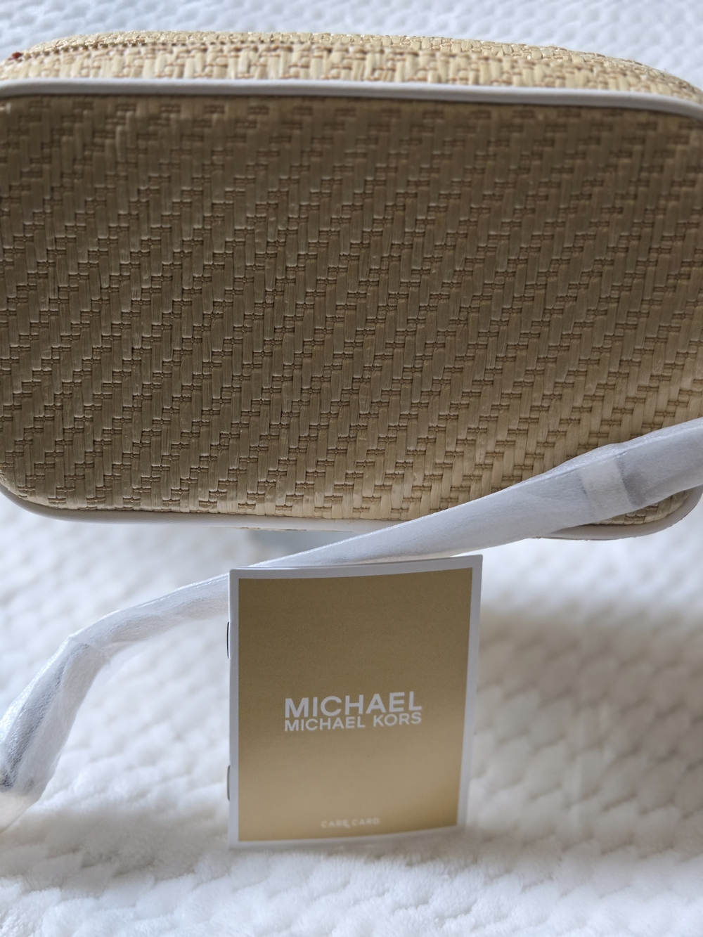 NWT Michael Kors Natural Straw MK Logo Crossbody with White Trim - Picture 6 of 7